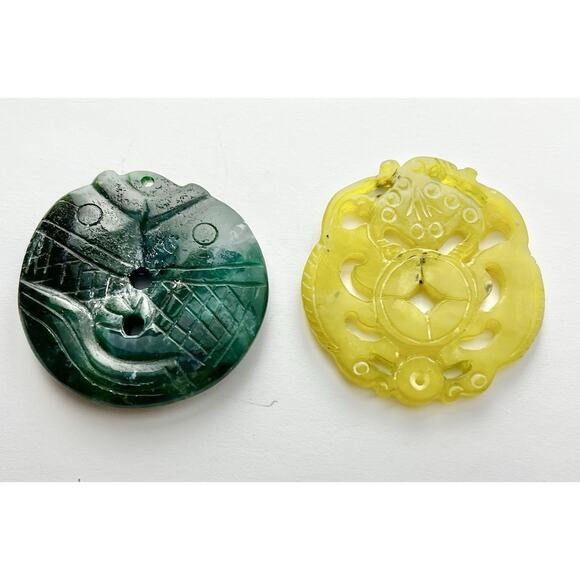 Vintage Yellow Green Jade Jadeite Fish Koi & Dragon Round Large Pendants 2” - Picture 2 of 6